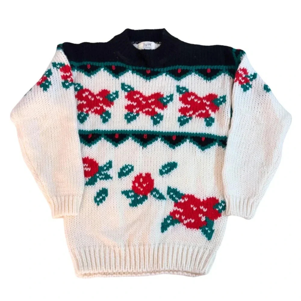 Vintage 1980’s TJW Floral Rose Hand Knit Yarn Mock Neck Sweater Size Medium